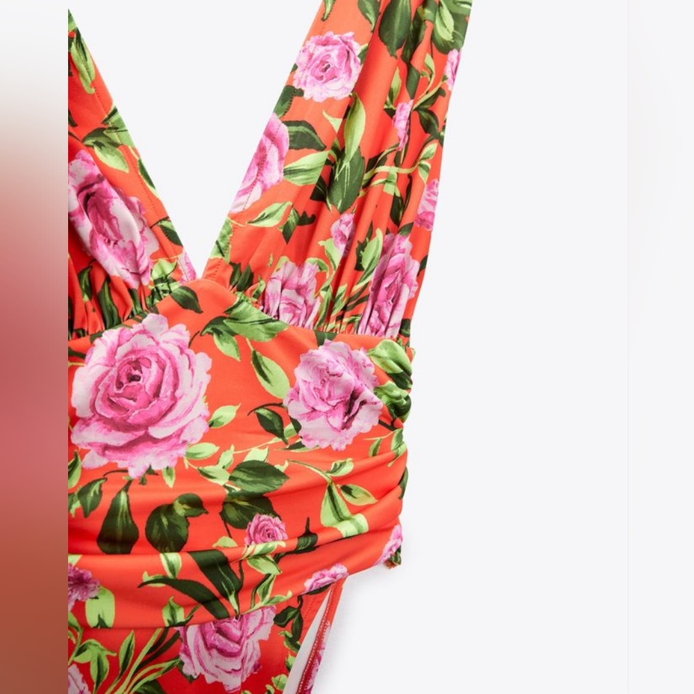 🌞Zara Drape Deep-neck Ruched Floral Bodysuit Top Floral Sleeveless NWOT - Picture 6 of 16